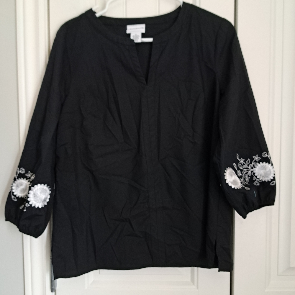 LIZ CLAIBORNE black cotton blend shirt top embroidery coastal beachy resort M